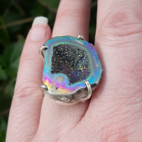 New Titanium Druzy 925 Silver Statement Ring. - Picture 6 of 8